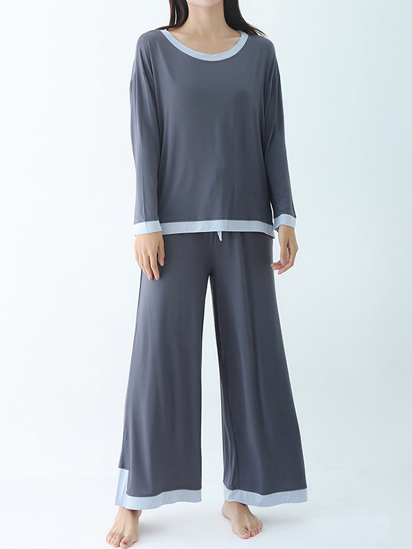 Long Sleeves Loose Contrast Color Round-Neck Two Pieces Pajama Set