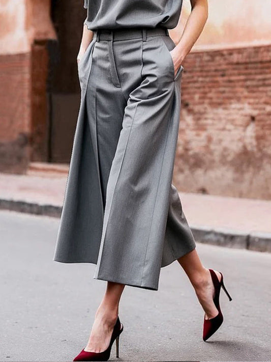 Loose Wide Leg Pockets Solid Color Ninth Pants Trousers