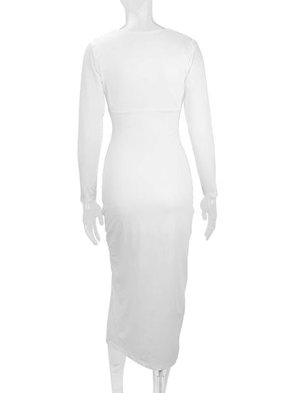 Bodycon Elasticated Waist Pleated Solid Color Split-Joint Split-Side Deep V-Neck Midi Dresses