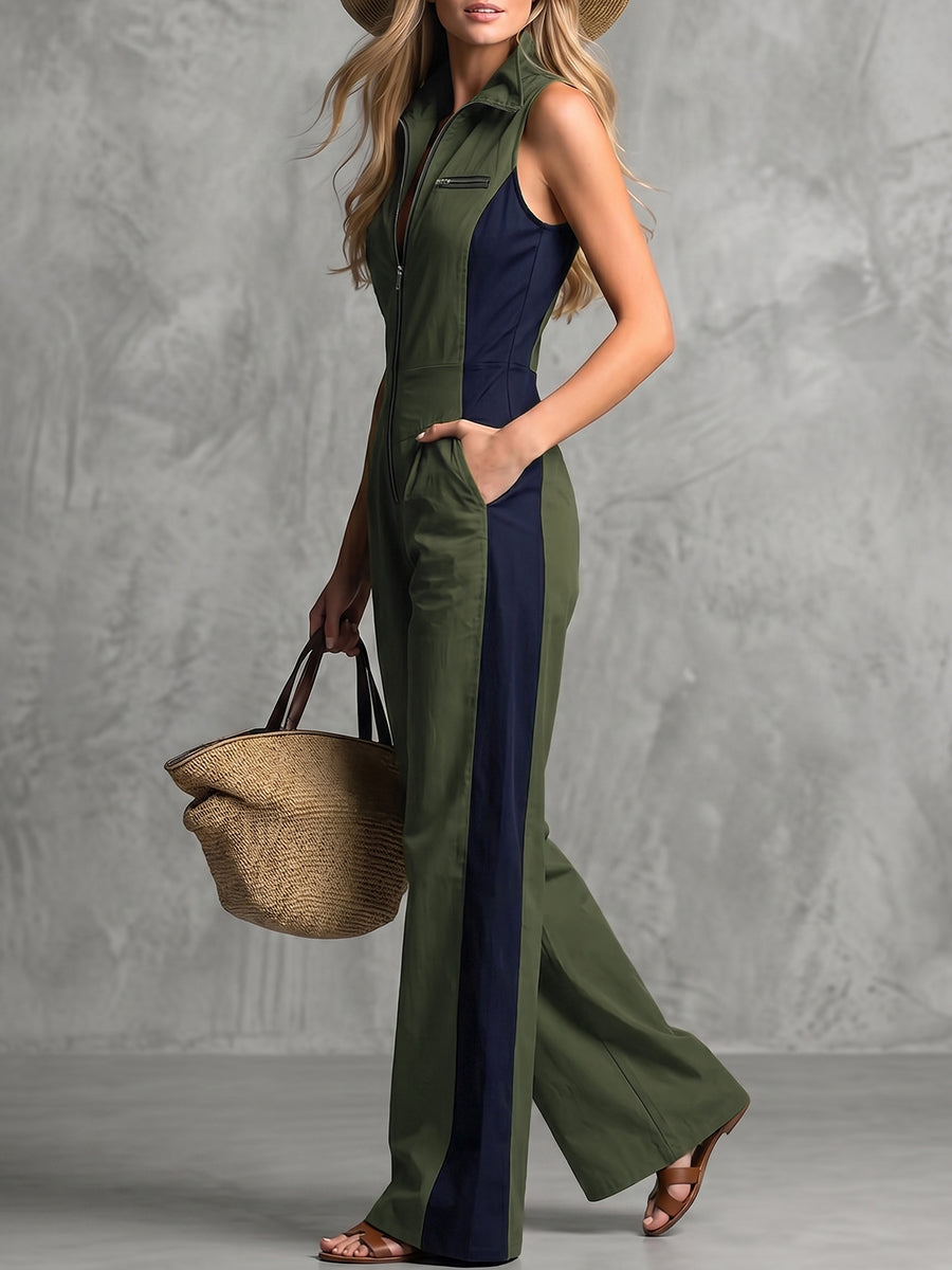 Zipper Pockets Contrast Color Wide Leg Sleeveless Lapel Jumpsuits