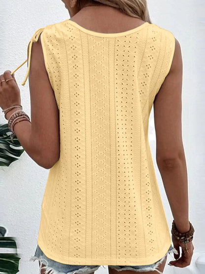Loose Plus Size Buttoned Hollow Pleated Split-Joint Tied U-neck Vest Top