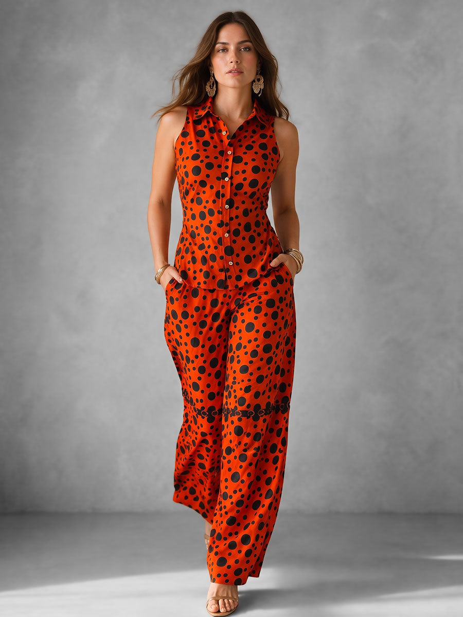 Split-Joint Polka-Dot Pockets Contrast Color High Waisted Trousers Pants