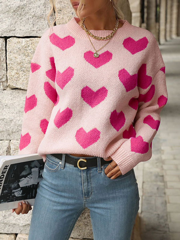 Long Sleeves Loose Heart Print Jacquard Split-Joint Round-Neck Pullovers Sweater Tops