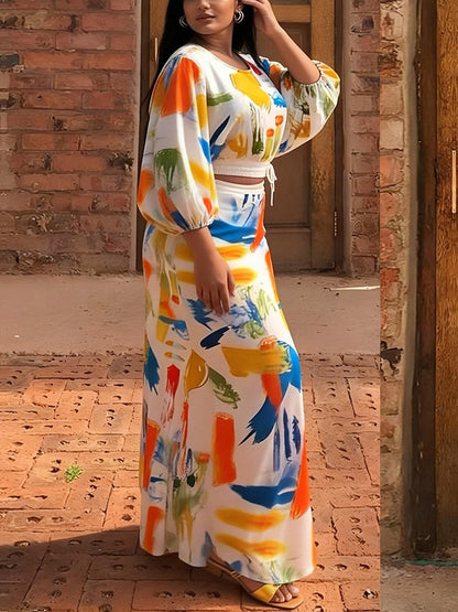 Cropped Elasticated Waist Contrast Color Drawstring Graffiti Printed Pleated Split-Joint Round-Neck Blouses&Shirts Tops
