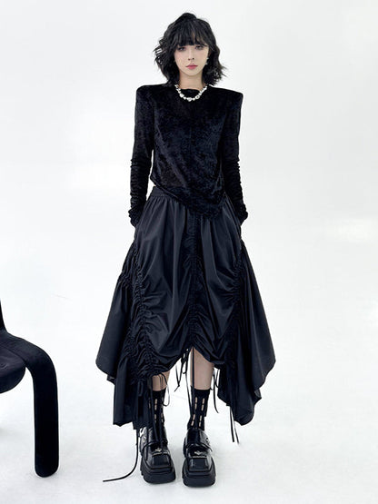 A-Line Elasticated Waist Asymmetric Drawstring Pleated Solid Color Skirts Bottoms