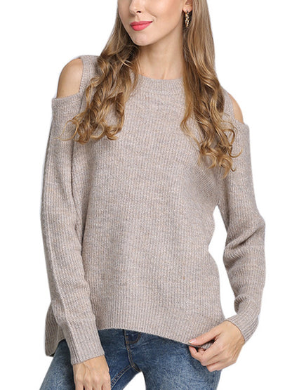 Long Sleeves Loose Hollow Solid Color Round-Neck Knitwear Pullovers Sweater Tops