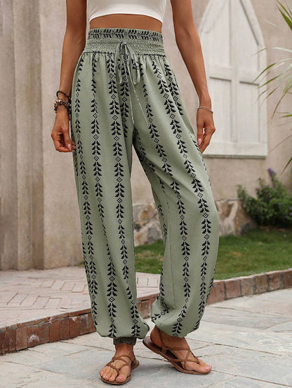 High Waisted Drawstring Pockets Printed Tied Pants Trousers