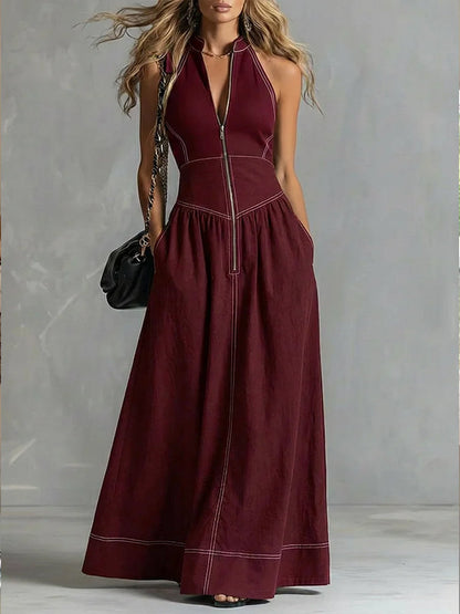 A-Line High Waisted Pleated Pockets Solid Color Zipper Stand Collar Maxi Dresses