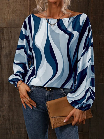 Long Sleeves Loose Asymmetric Printed One-Shoulder Blouses&Shirts Tops