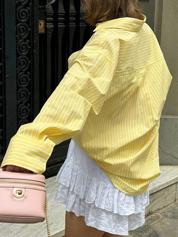 Long Sleeves Loose Buttoned Pockets Striped Lapel Blouses&Shirts Tops