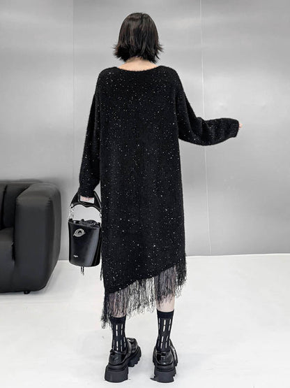 Irregularity Long Sleeves Contrast Color Sequined Shiny Split-Joint Tasseled V-Neck Midi Dresses Sweater Dresses