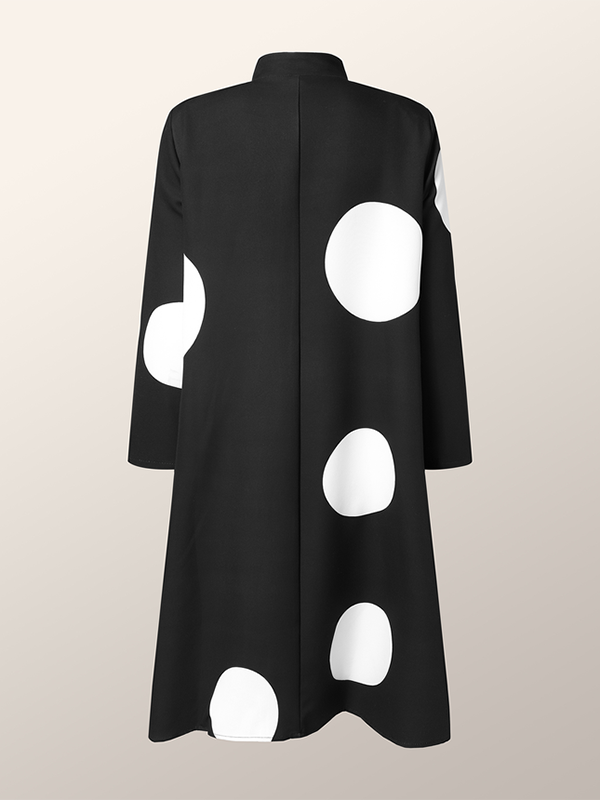 Long Sleeves Loose Asymmetric Buttoned Polka-Dot Tied Mock Neck Midi Dresses