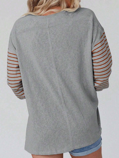 Long Sleeves Loose Contrast Color Split-Joint Striped Round-Neck Blouses&Shirts Tops