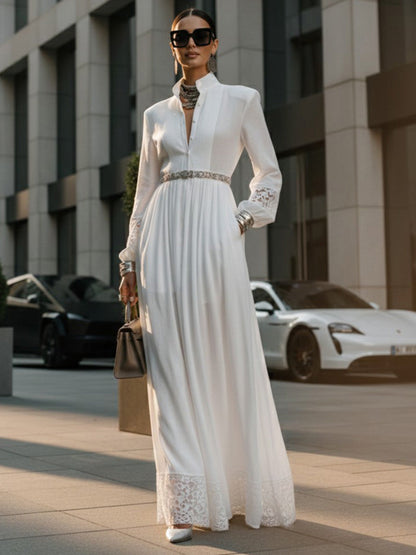 A-Line High Waisted Buttoned Hollow No Belt Pleated Pockets Solid Color Split-Joint Stand Collar Maxi Dresses Shirt Dress