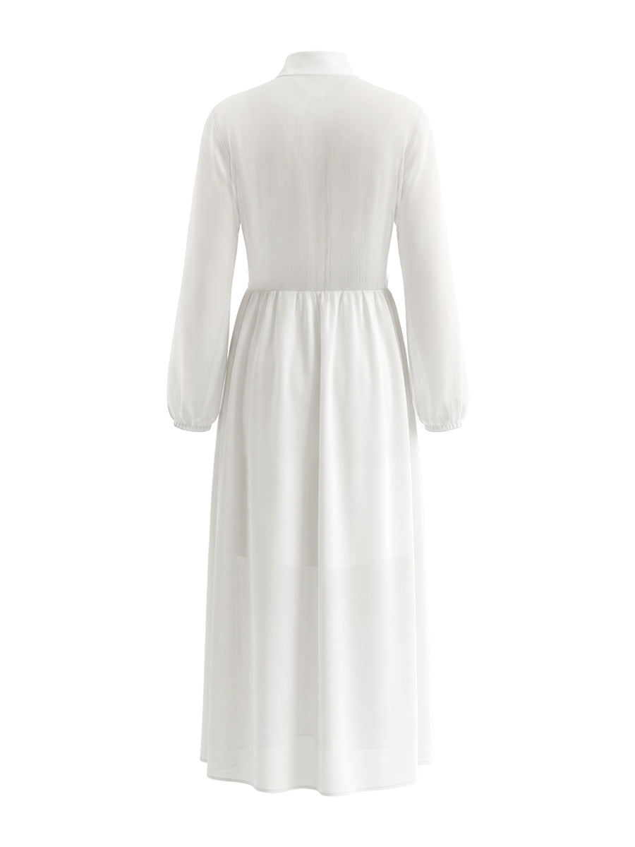 A-Line High Waisted Buttoned Pleated Pockets Solid Color Split-Joint Stand Collar Maxi Dresses Shirt Dress
