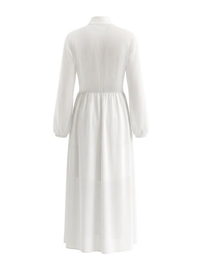 A-Line High Waisted Buttoned Pleated Pockets Solid Color Split-Joint Stand Collar Maxi Dresses Shirt Dress