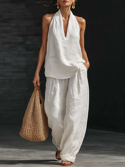 Loose Solid Color V-Neck Sleeveless Vest Top + Pockets Pants Trousers Two Pieces Set