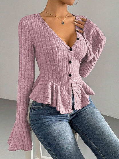Flared Sleeves Long Sleeves Buttoned Ruffled Solid Color Split-Joint Deep V-Neck T-Shirts Tops