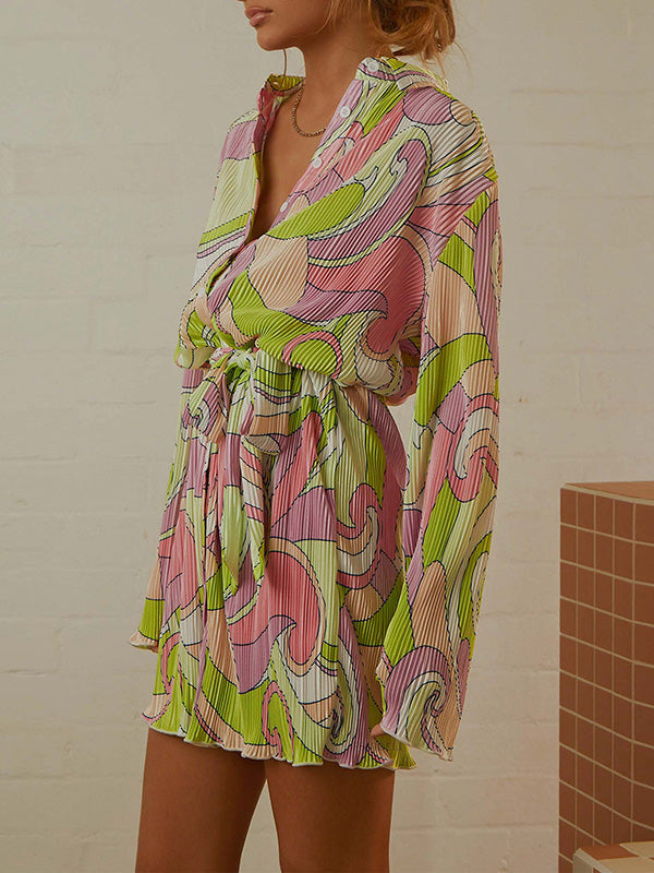 Long Sleeves Loose Buttoned Pleated Printed Tied Waist Lapel Mini Dresses