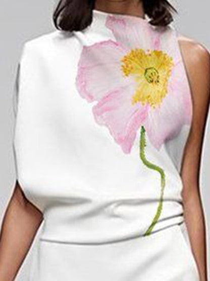 Loose Sleeveless Floral Printed High Neck Vest Top