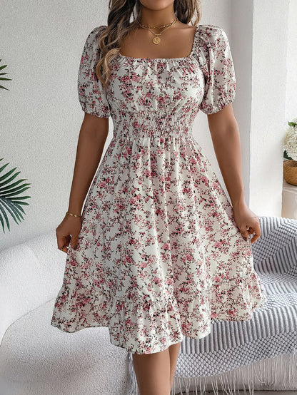 A-Line Short Sleeves Contrast Color Elasticity Flower Print Ruffle Trim Split-Joint Square-Neck Midi Dresses