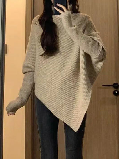 Long Sleeves Loose Asymmetric Solid Color Velvet High Neck Knitwear Pullovers Sweater Tops