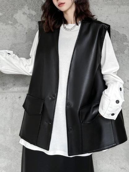 Loose Solid Color V-Neck Sleeveless Buttoned Pockets Vest Top + High Waisted Elasticity Tasseled Skirt Bottom Two Pieces Set