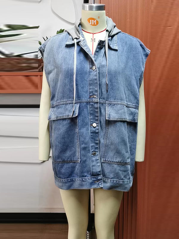 Loose Sleeveless Buttoned Detachable Hooded Pockets Split-Joint Lapel Collar Vest Outerwear