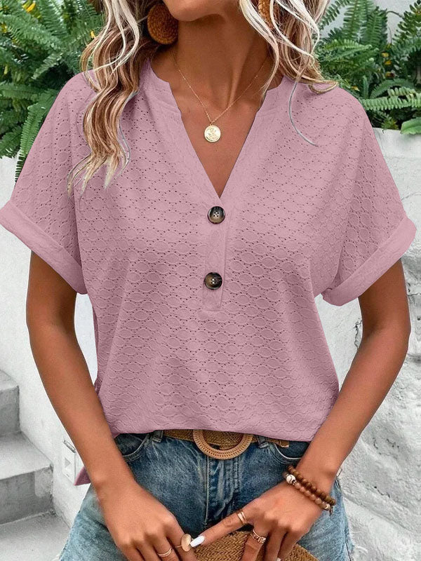 Loose Plus Size Buttoned Jacquard Split-Joint V-Neck T-Shirts Tops
