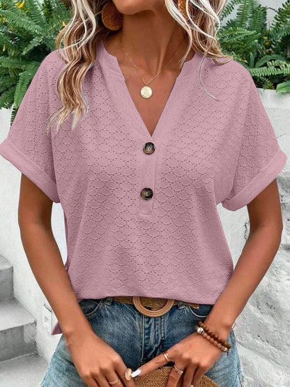 Loose Plus Size Buttoned Jacquard Split-Joint V-Neck T-Shirts Tops