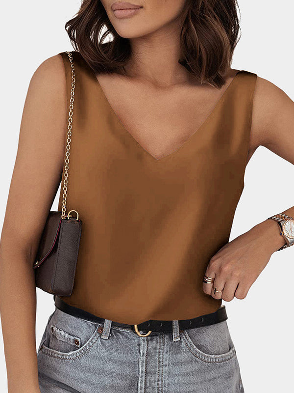 Loose Sleeveless Solid Color V-Neck Vest Top