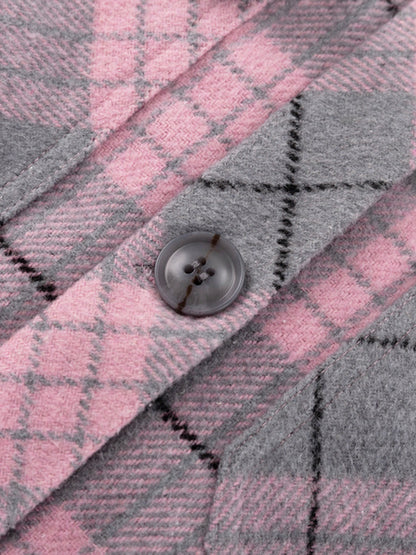 Long Sleeves Loose Plaid Pockets Lapel Woolen Coat