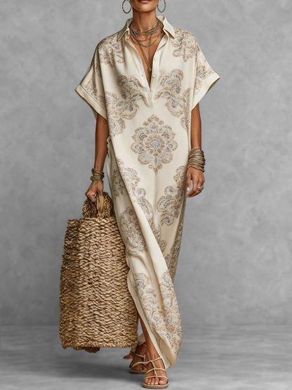 Loose Short Sleeves Buttoned Contrast Color Flower Print Split-Side Lapel Maxi Dresses
