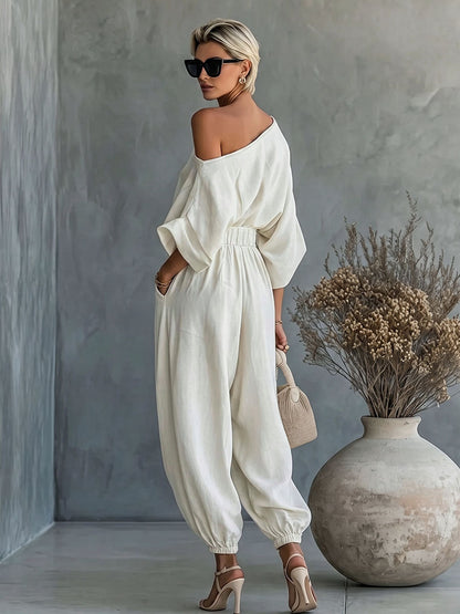 Half Sleeves Loose Solid Color One-Shoulder Blouses&Shirts Tops