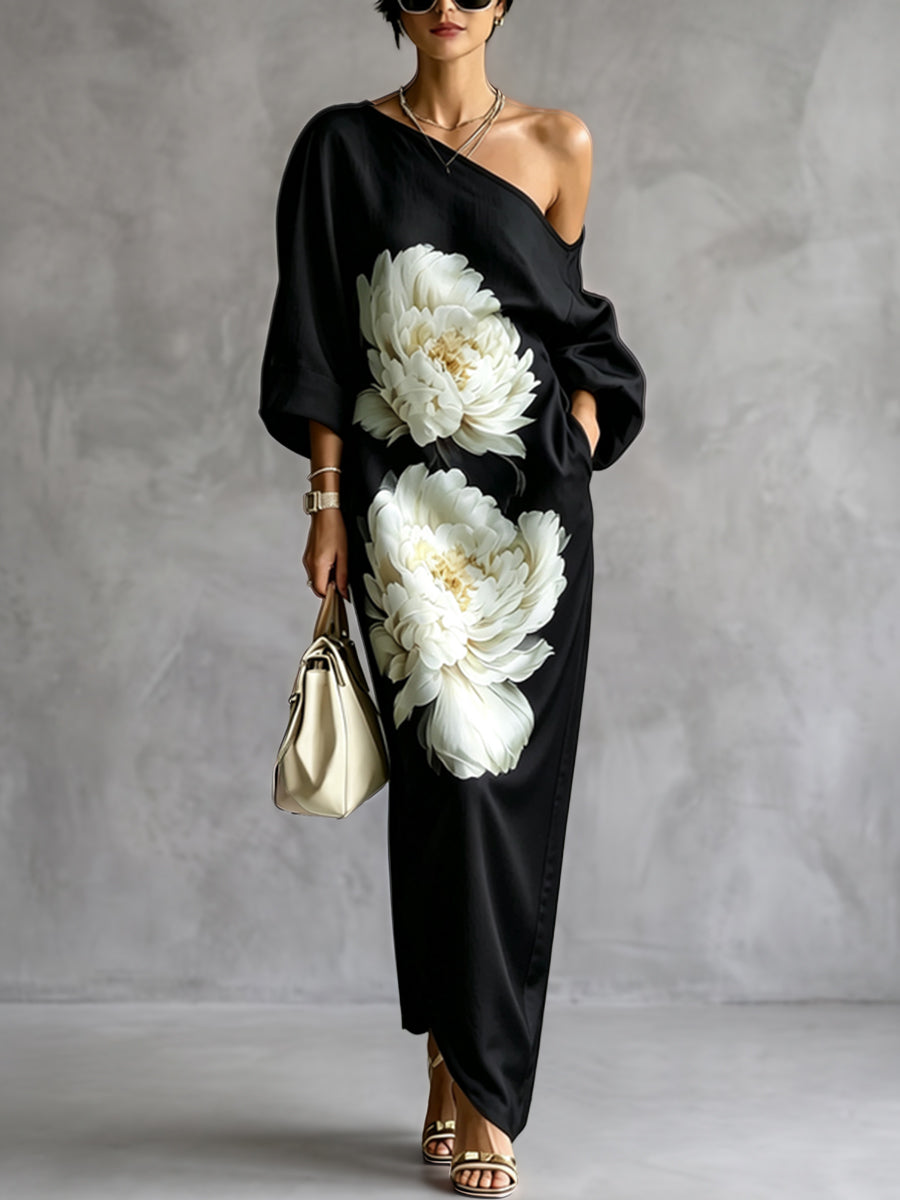 Pockets Flower Print Asymmetric Three-quarter Sleeves Loose One-shoulder Maxi Dresses