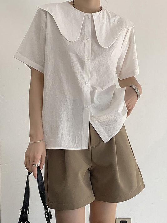 Loose Short Sleeves Solid Color Split-Joint Peter Pan Collar Blouses&Shirts Tops