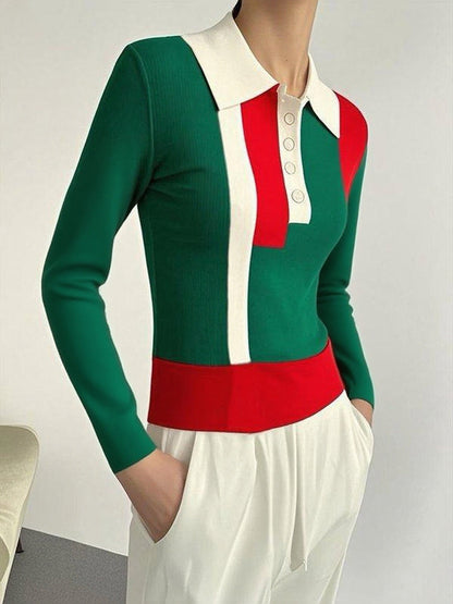 Long Sleeves Skinny Buttoned Contrast Color Lapel Sweater Tops