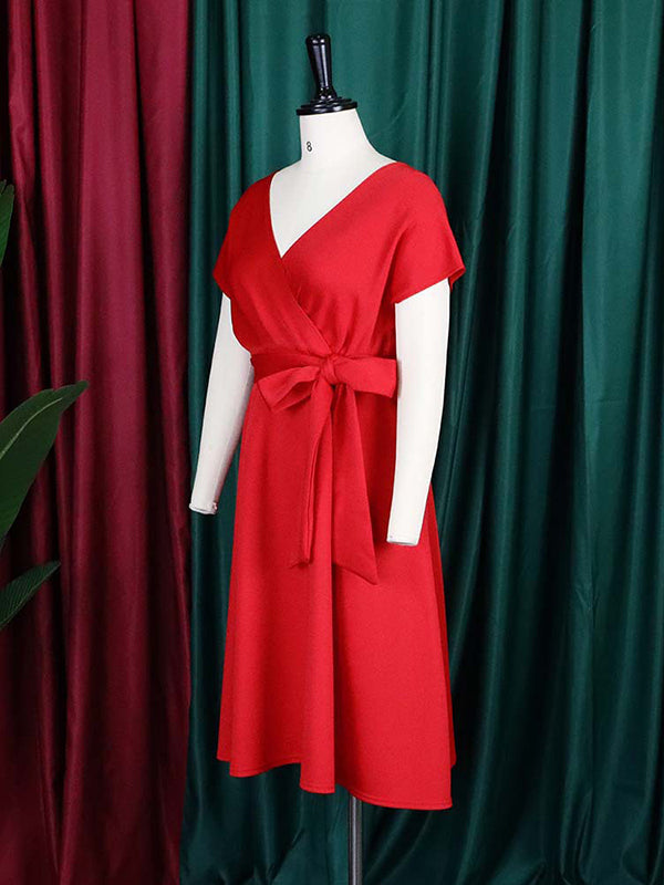 Bowknot Lace-Up Solid Color V-Neck Midi Dresses