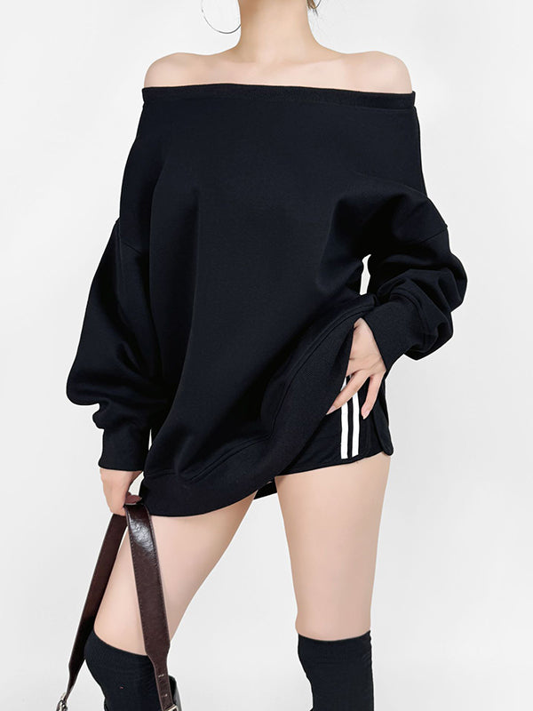 Long Sleeves Loose Solid Color Split-Joint Round-Neck Sweatshirt Tops