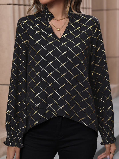 Long Sleeves Loose Bronzing Elasticity Split-Joint V-Neck Blouses&Shirts Tops