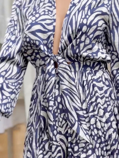 Loose Puff Sleeves Pleated Printed Split-Joint Deep V-Neck Jumpsuits