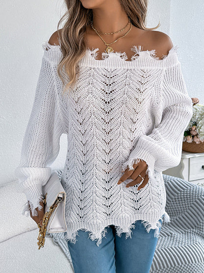Long Sleeves Hollow Knitted Leaves Ribbed Knit See-Through Solid Color Off-The-Shoulder Sweater Tops