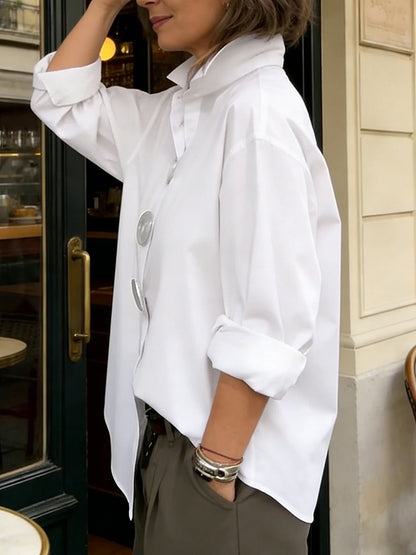 Long Sleeves Loose Buttoned Solid Color Split-Joint Lapel Blouses&Shirts Tops