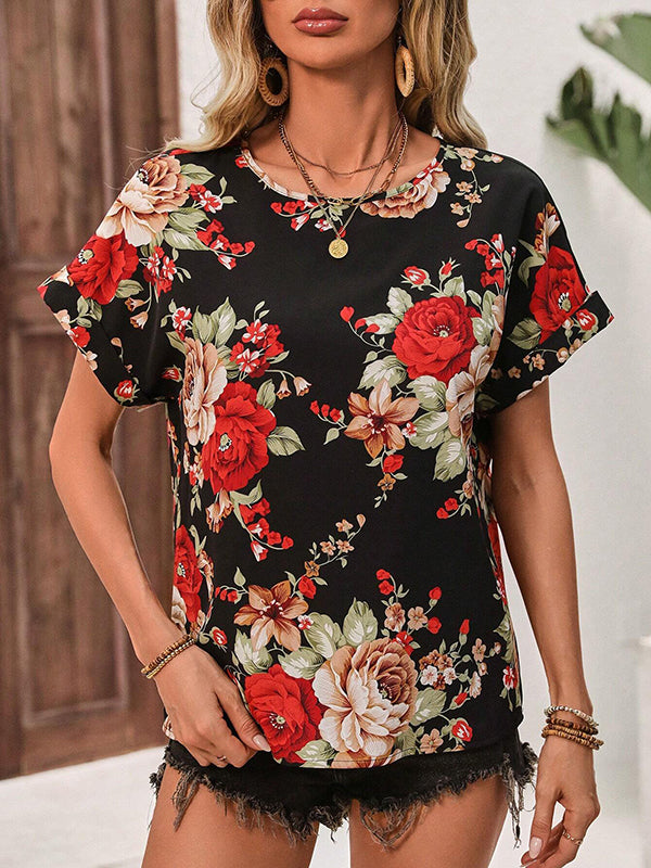 Loose Short Sleeves Flower Print Hollow Split-Joint Round-Neck Blouses&Shirts Tops