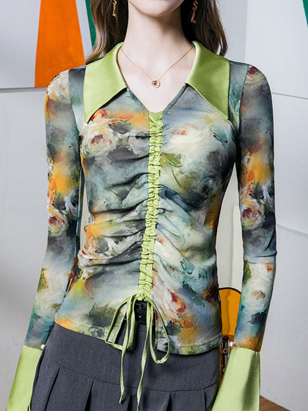 Flared Sleeves Long Sleeves Drawstring Flower Print Pleated Lapel Blouses&Shirts Tops