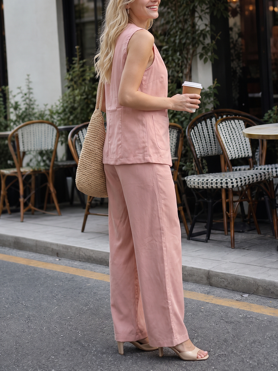 Solid Color Pockets Elasticity Buttoned Sleeveless Plus Size V-neck Vest Top Two Pieces Set Trousers Pants