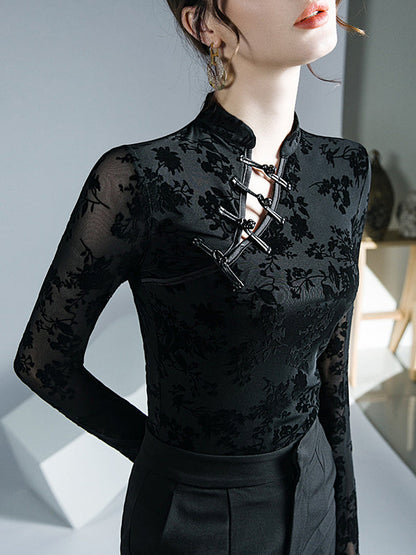 Long Sleeves Skinny Buttoned Flower Print Mesh Mock Neck T-Shirts Tops