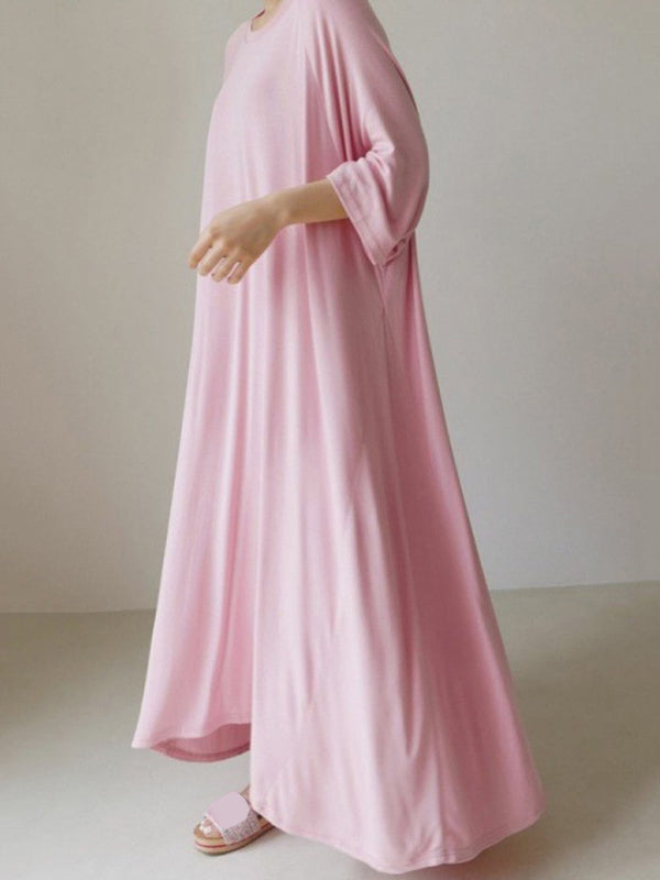 Loose Three-Quarter Sleeves Solid Color Round-Neck Maxi Dresses