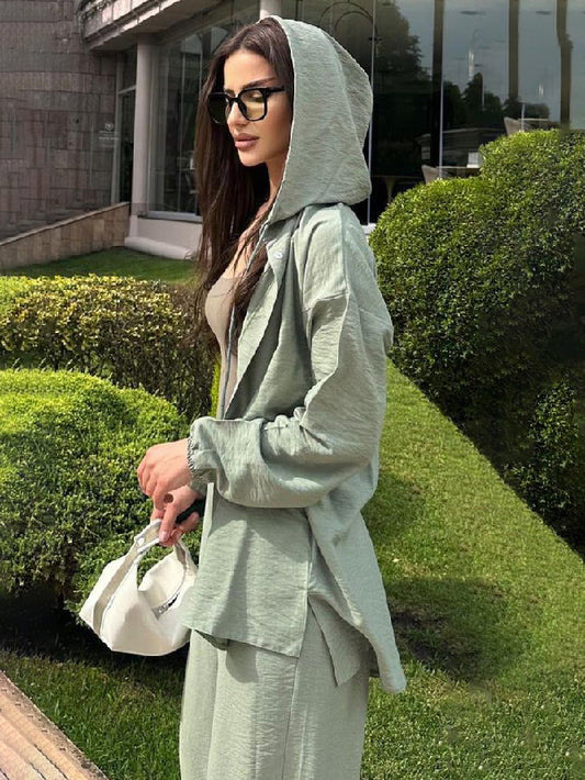 Solid Color Long Sleeves Hooded Split-Side Collarless Shirts Top   High Waisted Pants Bottom Two Pieces Set