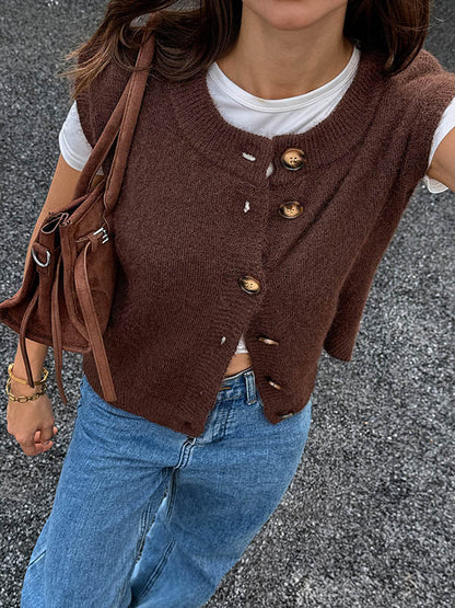 Loose Sleeveless Buttoned Contrast Color Split-Joint Round-Neck Outerwear Vest Top